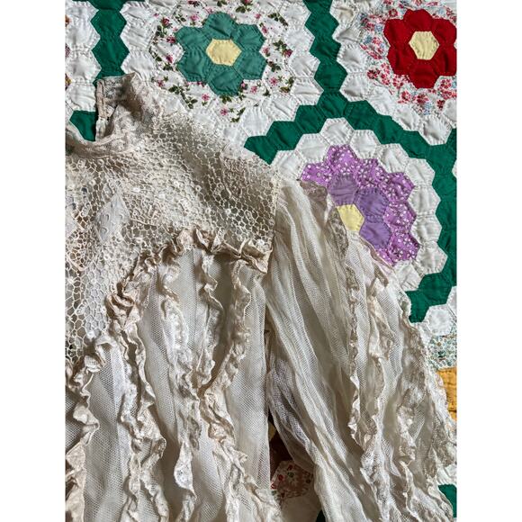 Antique Edwardian White Net Lace Silk Blouse Crochet Panels High Neck AS IS - Picture 5 of 16